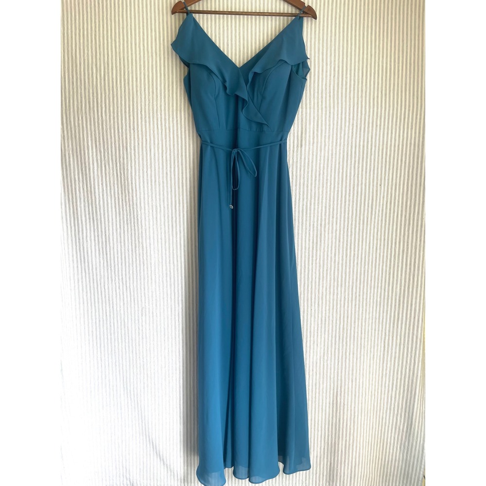 Lovely Jenny Yoo JY517 Ocean Blue Ruffle V-Neck Chiffon Maxi Bridesmaid Dress 10